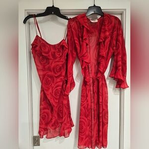 Natori Red Floral Roses Robe and Slip Set